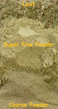 Load image into Gallery viewer, Comparison photo of kratom leaf, coarse ground powder and super fine powder
